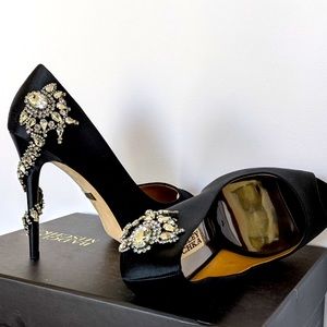 Badgley Mischka embellished heel peep-toe evening pumps in black silk